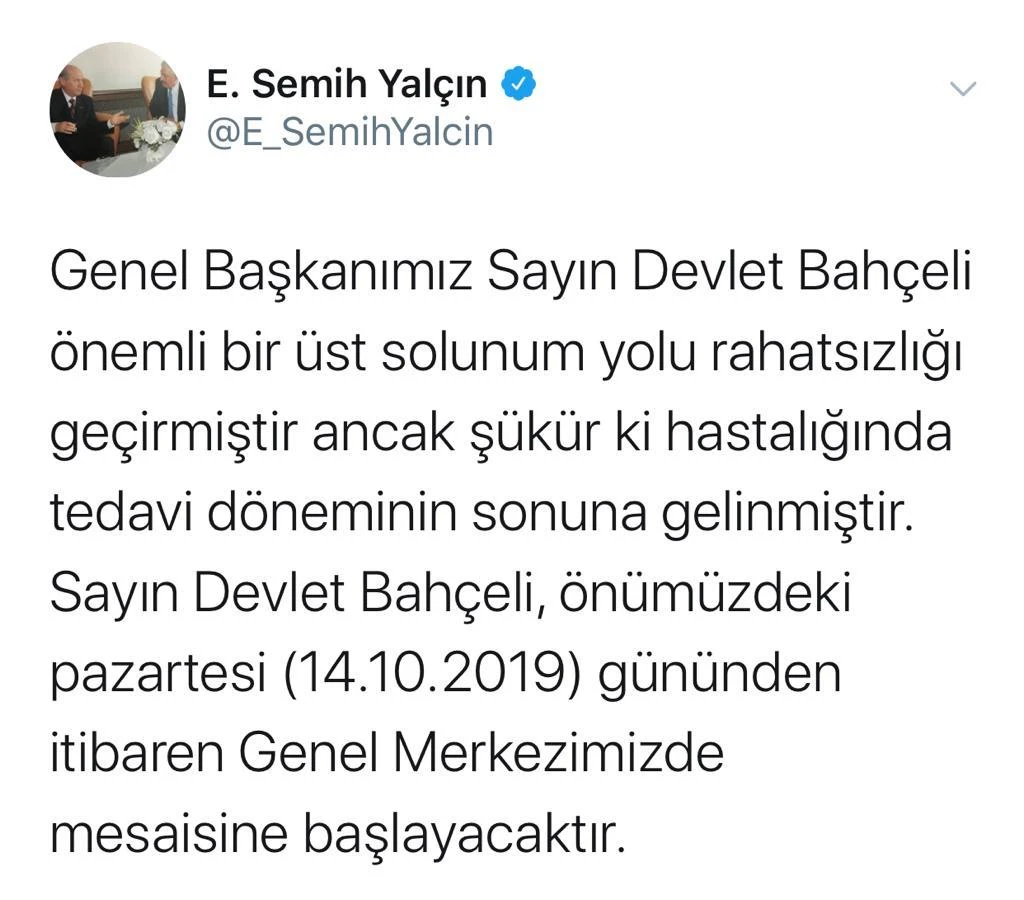 Mhp lideri Devlet Bahçeli'nin sağlık durumu hakkında Semih Yalçın'dan açıklama